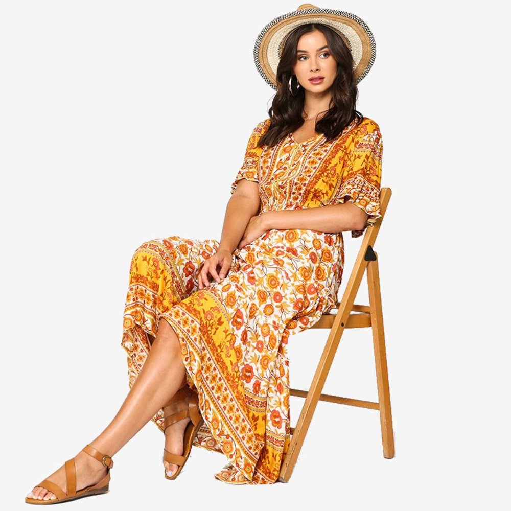 Gigio Floral Print Maxi Dress • NWT • Tiered Ruffles • Button Down • Boho Orange - Picture 4 of 5
